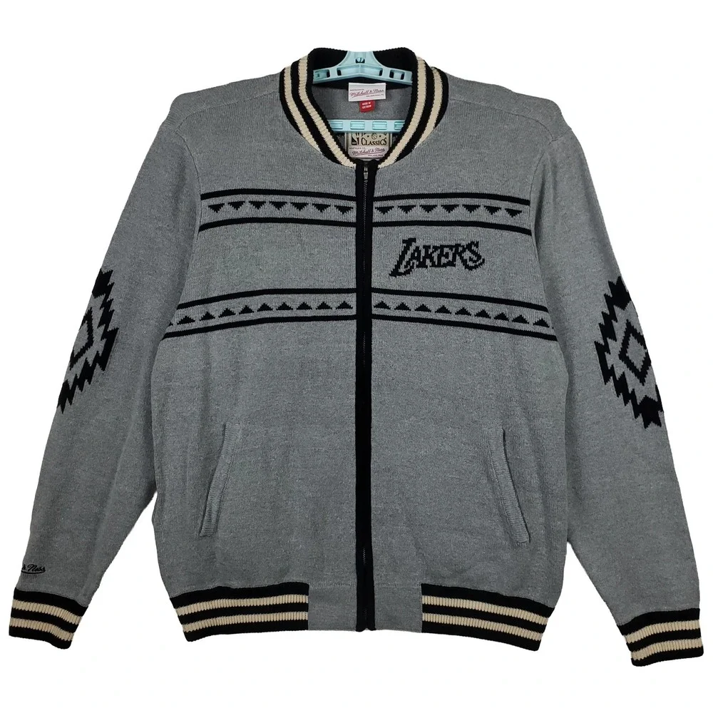 LA Lakers Mitchell & Ness NBA Large Knitted Sweatshirt Zip Up‎ Front Gray New